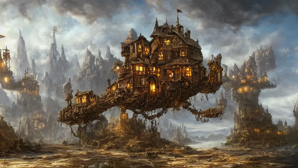 Image similar to A steampunk village floating high above the ground on a giant piece of driftwood, highly detailed oil painting, epic fantasy art, abstraction, masterpeice, 8k