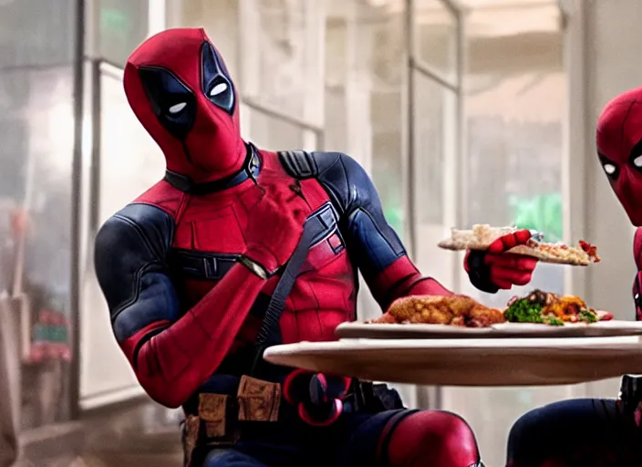 Prompt: film still of Deadpool having a romantic dinner with Spiderman in the new Deadpool movie, 4k