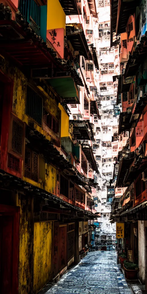 Image similar to an interior view of an old walled city in Hong Kong, colorful, dated and old, dark moody lighting, very detailed, photoreal, 8k, canon 20mm lens