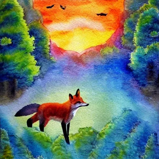 Image similar to a fox family, fantasy scenery, rainbow, watercolor painting, sunset