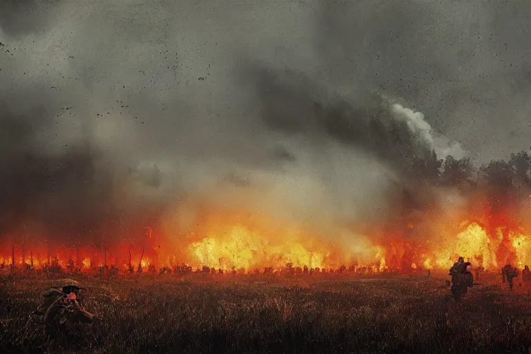 Image similar to chaotic battlefield, multiple soldiers!, thick dark smoke!, vehicles on fire, heavy rain from thick clouds, storm, overgrowth, forest, (mushroom cloud) in the background, bleak, melancholy atmosphere, band of brothers, bf1942, 4k impressionism painting by Gregory Crewdson and Grzegorz Domaradzki and Ivan Shishkin and Jakub Rozalski