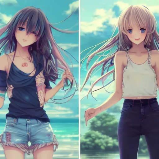 Image similar to a very beautiful anime girl, full body, long wavy blond hair, sky blue eyes, full round face, short smile, cute top, short jeans, summer lake setting, cinematic lightning, medium shot, mid-shot, highly detailed, trending on Artstation, Unreal Engine 4k, cinematic wallpaper by Stanley Artgerm Lau, WLOP, Rossdraws, James Jean, Andrei Riabovitchev, Marc Simonetti, and Sakimichan