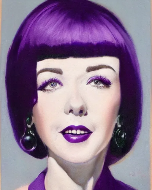 Prompt: colleen moore 5 5 years old, bob haircut, portrait painted by stanley artgerm, casting long shadows, purple hair