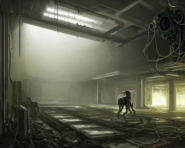 Image similar to spot boston dynamics in gloomy ruined server room in datacenter painting concept art of colossus, sharp focus, emitting diodes, smoke, artillery, pacing, computers, racks, motherboard, by pascal blanche rutkowski artstation detailed matte painting, 4 k resolution