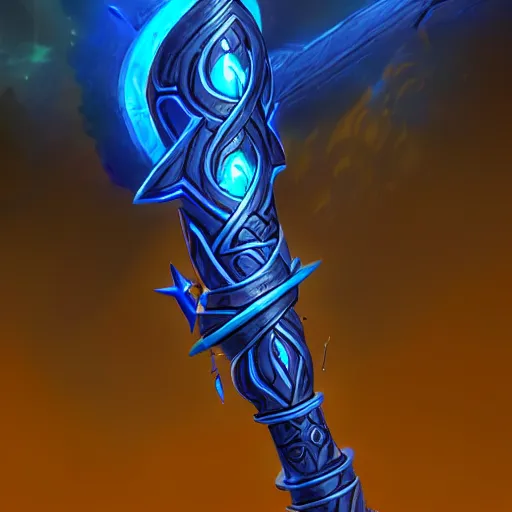 Image similar to bright weapon of warcraft blizzard wizard staff art, a spiral magical wizard staff. bright art masterpiece artstation. 8k, sharp high quality illustration in style of Jose Daniel Cabrera Pena and Leonid Kozienko, blue colored theme, concept art by Tooth Wu,