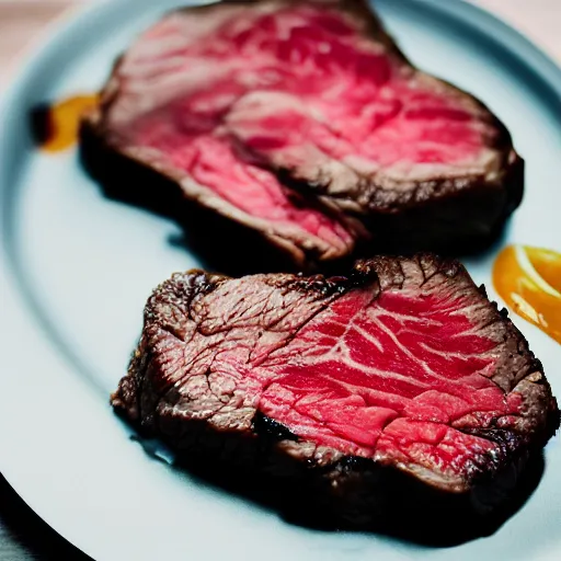 Prompt: A perfectly guitar shaped perfectly cooked medium rare steak, food photography, 35mm, macro