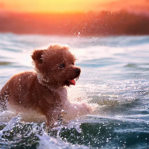 Image similar to a closeup photorealistic photograph of a cute smiling tiger bichon puppy splashing in the surf during sunset. professional capture, well lit shot. this 4 k hd image is trending on artstation, featured on behance, well - rendered, extra crisp, features intricate detail, epic composition and the style of unreal engine.