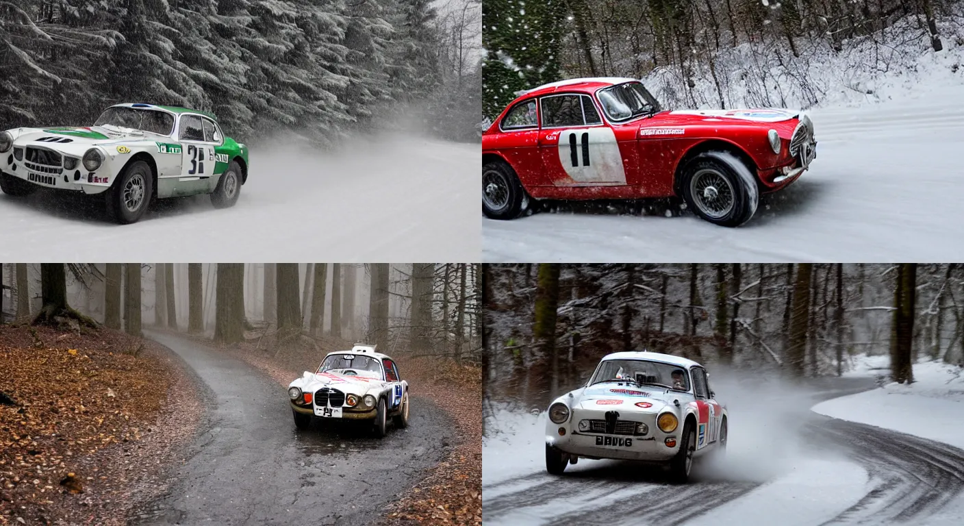 Prompt: a 1 9 6 6 mg b gt, racing through a rally stage in a snowy forest