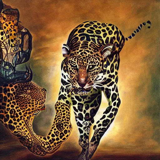 Image similar to an intricated and detailed painting of a shaman turning into a jaguar by salvador dali 4 k render