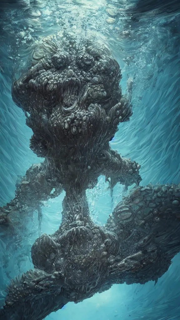 Image similar to ultra realist and ultra intricate detailed soft painting of an ancient creature angry boss in the ocean underwater environment, reflections, focus, detailed, realistic eyes, horizontal partial symmetry features proportions, intricate facial skin details, award winning, trending in cgsociety artstation deviant art, octane render