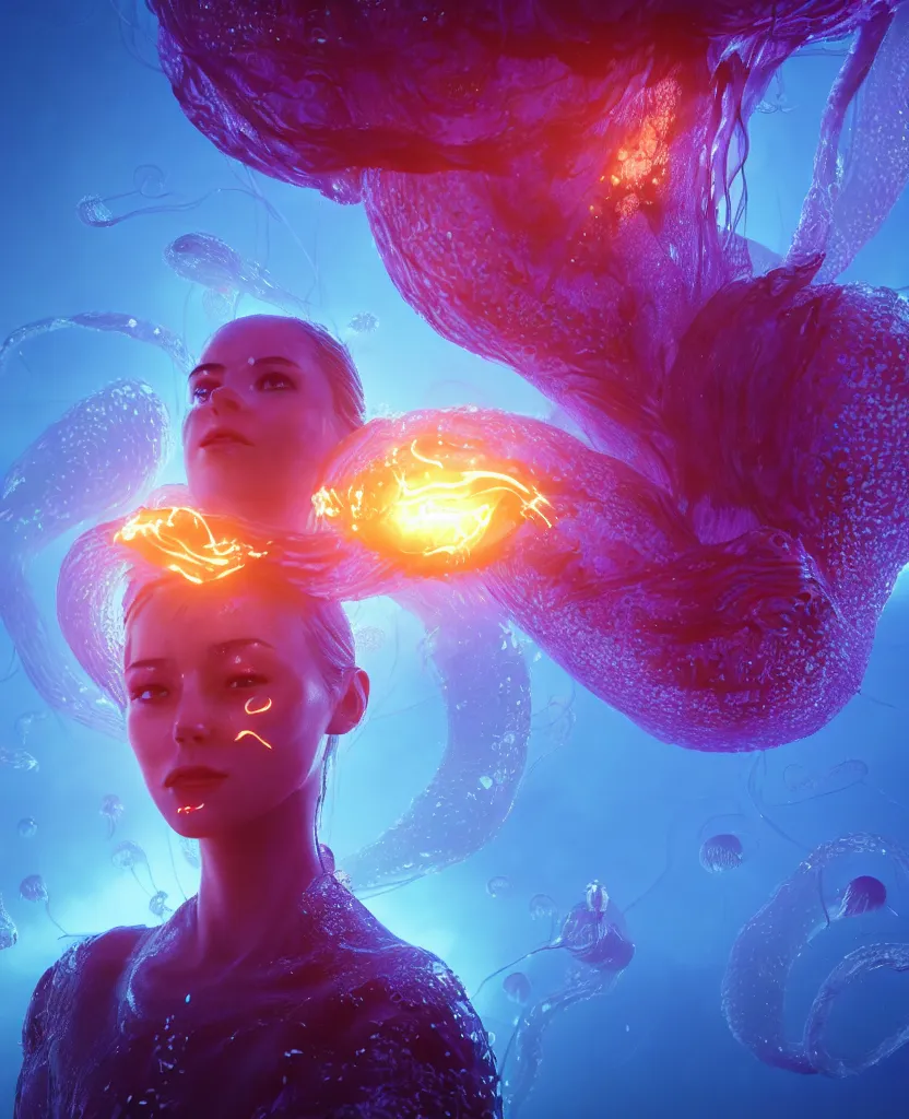 Image similar to close-up portrait of a face of beautiful princess floating in ethereum surrounded by floating jellyfish, energy flows of fire and water, flashes of plasma, 3d with depth of field, blurred background, a highly detailed epic cinematic concept art CG render. made in Maya, Blender and Photoshop, octane render, excellent composition, cinematic dystopian brutalist atmosphere, dynamic dramatic cinematic lighting, aesthetic, very inspirational, arthouse. y Greg Rutkowski, Ilya Kuvshinov, WLOP, Stanley Artgerm Lau, Ruan Jia and Fenghua Zhong