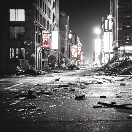 Image similar to photo of abandoned destroyed New York city street at night after the war between humans and AIs, film grain, soft vignette, Canon EOS Digital Rebel XTi, 100-300mm Canon f/5.6, Exposure time: 1/160, ISO 400