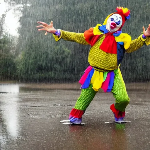 Image similar to clown dAncing with a frog in the rain