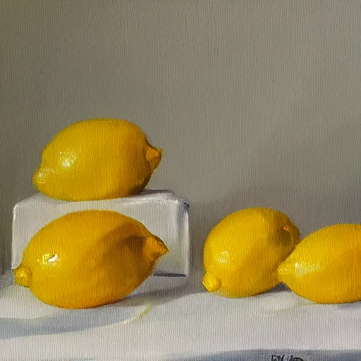 Prompt: lemons dramatic lighting on white tablecloth, oil painting, pale colors, high detail, 8 k, wide angle, trending on artstation,