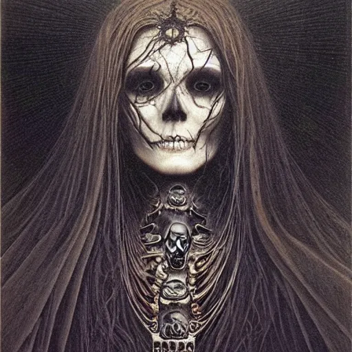 Image similar to a portrait of a mysterious death goddess with black eyes and a skull necklace, moody, dark, deep shadows, creepy, muted colors, highly detailed, intricate artwork, beautiful oil painting by Jean Delville