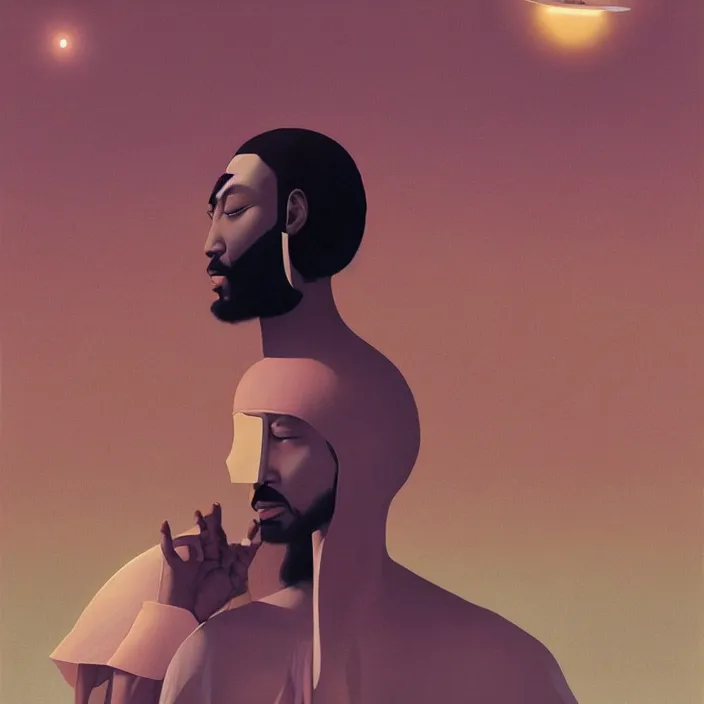 Prompt: a a massive UFO hovering over an African Jesus ,painting by Hsiao-Ron Cheng,