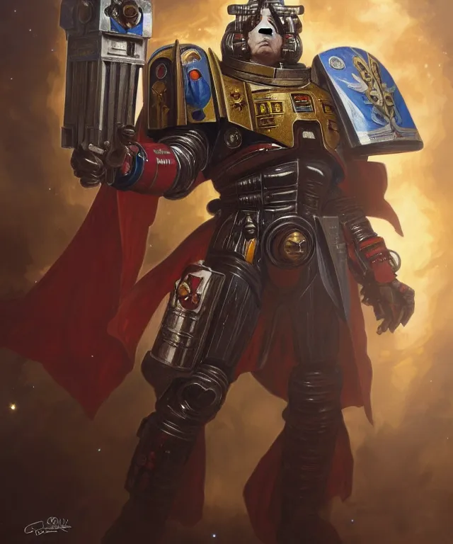 Image similar to Tom Baker Doctor Who as Warhammer 40k Space Marine, portrait, fantasy, intricate, elegant, highly detailed, digital painting, artstation, concept art, smooth, sharp focus, illustration, art by artgerm and greg rutkowski and alphonse mucha