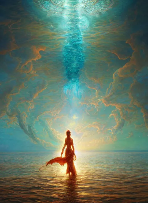 Prompt: beautiful glowing woman walking over the ocean, a giant boat behind her, extremly detailed digital painting, vibrant colors, in the style of donato giancola and tomasz alen kopera and fenghua zhong and peter mohrbacher, mystical colors, rim light, beautiful lighting, 8 k, stunning scene, raytracing, octane, trending on artstation