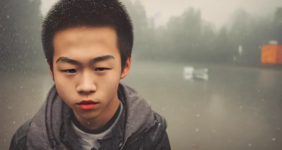 Prompt: teenage, boy, half asian, cute, portrait, close-up, industrial background, autumn, rainy, foggy, utopian looking, 80s, moody, hyperrealistic