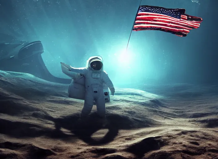 Image similar to astronaut underwater putting a flag on the sand in the bottom of the ocean. in the background, a submarine is visible. dark, concept art, cinematic, dramatic, atmospheric, 8 k, trending on artstation, zack snyder