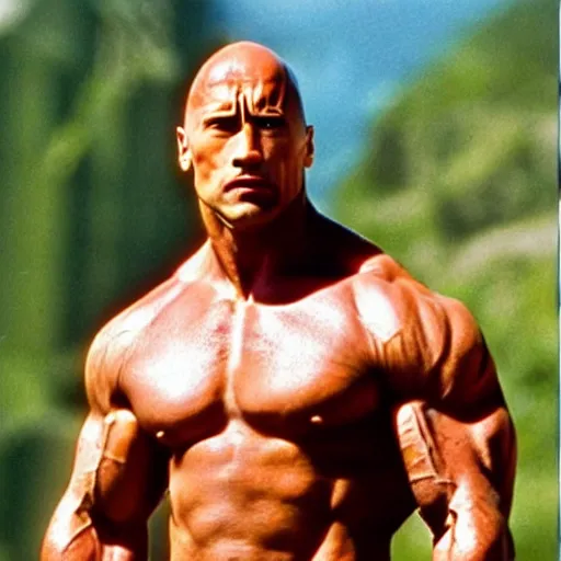 Image similar to ( dwayne rock johnson ) have a body and face of arnold arnold schwarzenegger from terminator movie. symmetric face, coherent face, coherent eyes, symmetric eyes