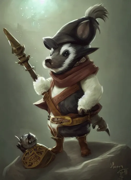 Prompt: cute little anthropomorphic skunk wizard wearing smoldereye (eyepatch), tiny, small, miniature animal, baby animal, short, pale black armor, cute and adorable, pretty, beautiful, DnD character art portrait, matte fantasy painting, DeviantArt Artstation, by Jason Felix by Steve Argyle by Tyler Jacobson by Peter Mohrbacher, cinematic lighting