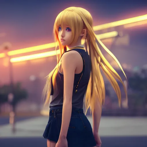 Image similar to render as a very beautiful 3d anime girl, hot petite, long braided golden hair, golden eyes, full round face, casual clothes, short smile, cinematic lightning, medium shot, mid-shot, highly detailed, trending on Artstation, Unreal Engine 4k, cinematic wallpaper