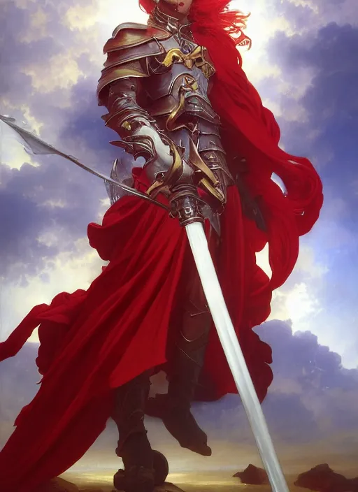 Image similar to A boisterous Red Mage wearing striped shining armor holding a staff of power surrounded by an epic cloudscape. The Magus Omega . Red Wizard. Morpheus. masterpiece. 4k digital illustration. by Ruan Jia and Artgerm and Andreas Rocha and William-Adolphe Bouguereau and Edmund Blair Leighton. award winning, Artstation, intricate details, realistic, Hyperdetailed, 8k resolution. Concept Painting. Key Art