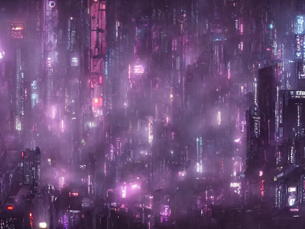 Prompt: blade runner city, high quality, cyberpunk, purple, russian doomer panel houses, lucid