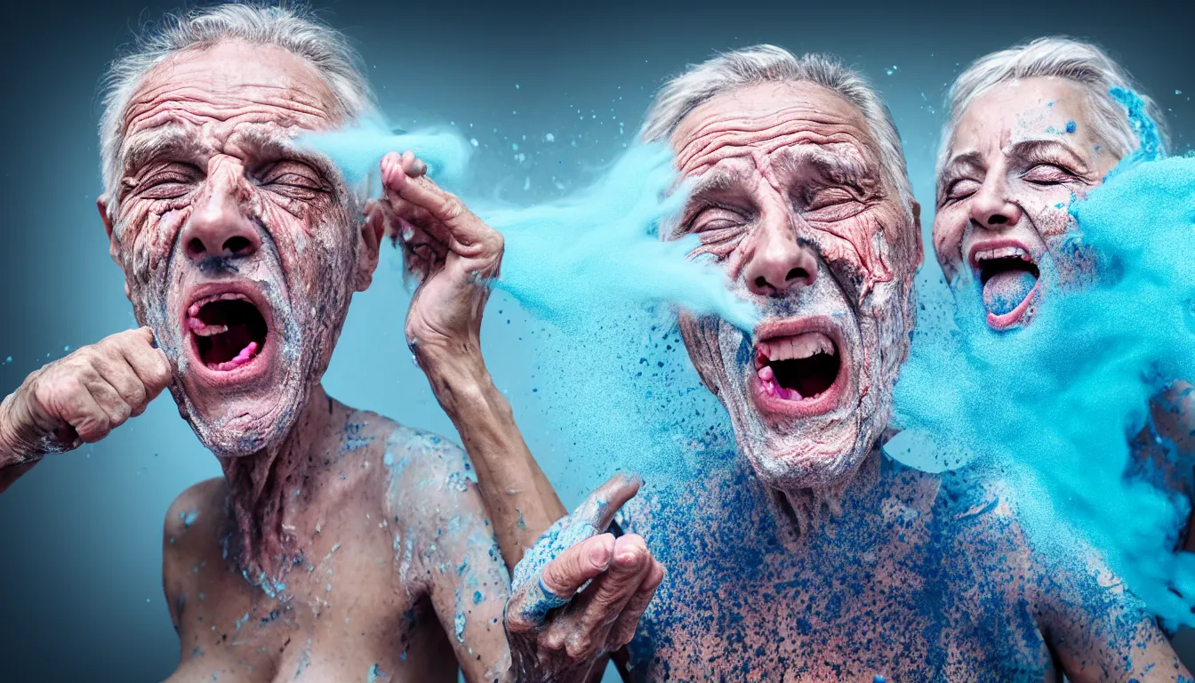 Prompt: o hyper realistic photo of a weathered old man with a beautiful woman's screaming face, feedback loop, burst of powders, spraying liquid, volumetric lighting, twisting vapour, bellowing dust, emerging hands, full colour, upscale, 4 k