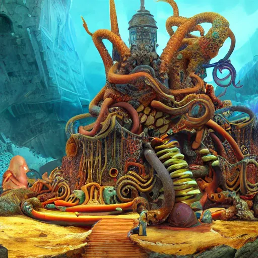 Image similar to dystopian fantasy undersea rock concert. On stage, the drummer is squid woman with tentacles playing a big rock&roll drum kit, by Philipp A. Urlich and Pengzhen Zhang an Andreas Rocha, fantasy, intricate, elegant, highly detailed, digital painting, artstation, blender, unreal engine 5, octane render, smooth, sharp focus, illustration