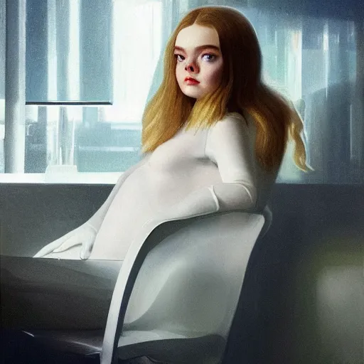 Prompt: Elle Fanning sitting on a white leather chair in the world of Brenda Zlamany, head and shoulders portrait, stormy weather, extremely detailed masterpiece, oil on canvas, low-key neon lighting, artstation, Blade Runner 2049, Roger Deakin’s cinematography, by J. C. Leyendecker and Peter Paul Rubens and Edward Hopper and Michael Sowa,