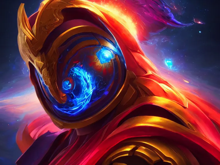 Prompt: portrait of cosmic emperor, overflowing with energy, nexus of the universe, black hole, rule of thirds, red and blue gradient, photorealistic facial features, league of legends splash art, by chengwei pan, huang guangjian, viktoria gavrilenko, artgerm, greg rutkowski, 8 k, octane, digital painting, artstation