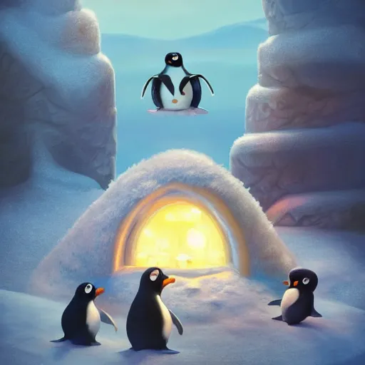 Image similar to Pingu the penguin in an Igloo, claymation, arctic, summer, 8k resolution matte fantasy painting, cinematic lighting, DeviantArt, Artstation, Jason Felix Steve Argyle Tyler Jacobson Peter Mohrbacher