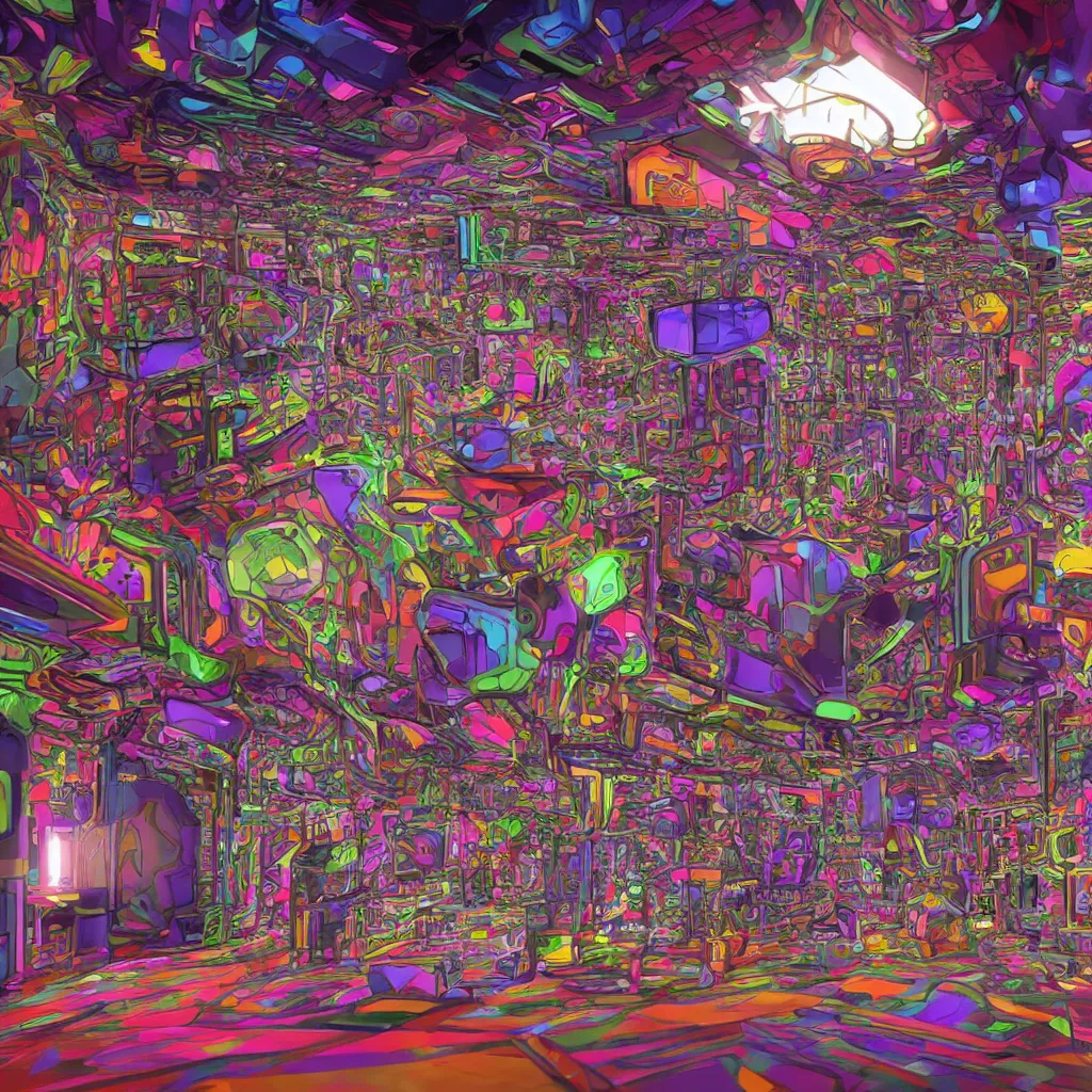 Image similar to inside a modern ai artists room with psychedelic walls and whimsical furniture with large windows overlooking a metropolis, perfect symmetry, super focus, 8 k, cinematic lighting, techie, mechanical, fractal, relaxing