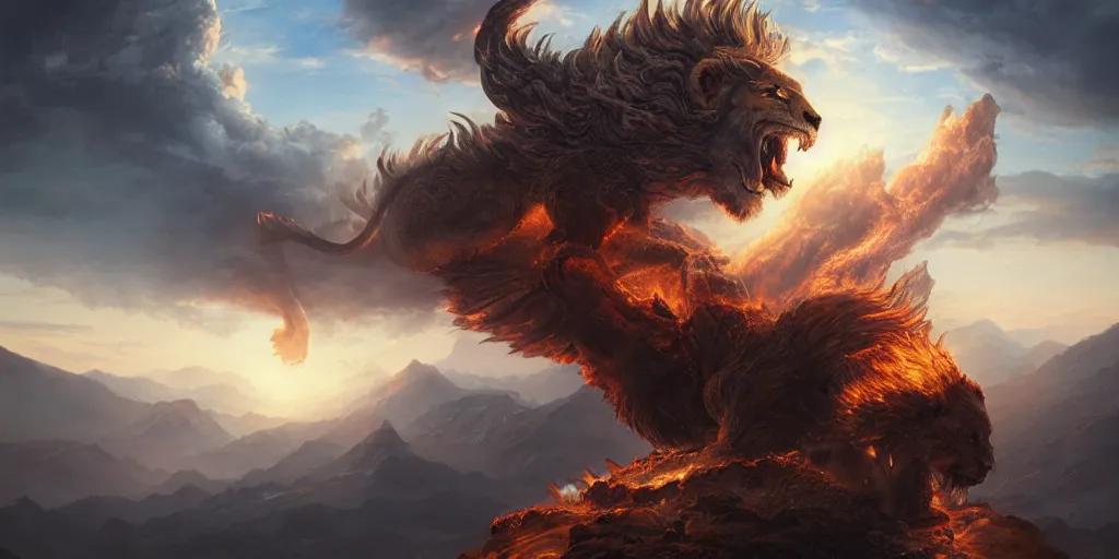 Image similar to Manticore with lion face on a top of a mountain breathing fire to the sky, art by Peter Tang and artgem and Greg Rutkowski, highly detailed, fantasy, digital art, 8k, volumetric lighting