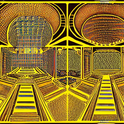 Image similar to vivid illustration of a person choosing between tunnels with groups of people inside, within a highly intricate torus with detailed golden ornamentation and golden light, choosing between pathways