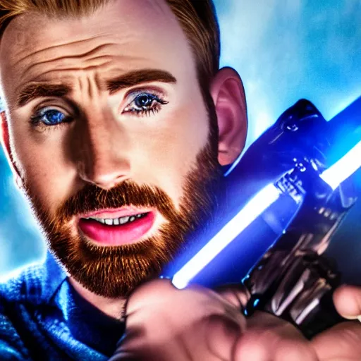 Image similar to Chris Evans holding a blue lightsaber dramatically, 4k, very detailed, backlit