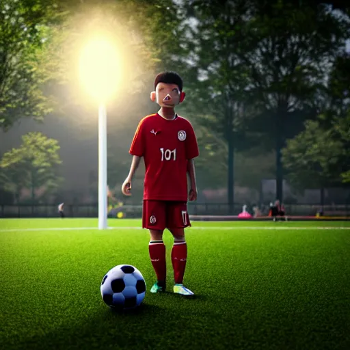 Image similar to a young boy wearing soccer clothes in the park ultra realistic, lens flare, atmosphere, glow, detailed, intricate, full of colour, cinematic lighting, trending on artstation, 4 k, hyperrealistic, focused, extreme details, unreal engine 5, cinematic, masterpiece, ultra realistic, hyper realistic, highly detailed, sharp focus, digital art