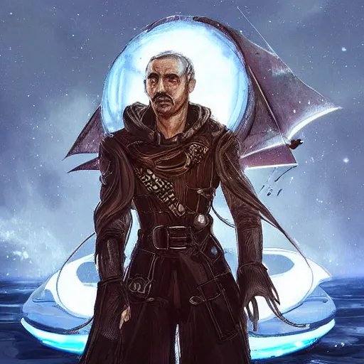 Image similar to “A portrait of a space pirate with his ship in the background, D&D sci-fi, artstation, concept art, highly detailed illustration.”