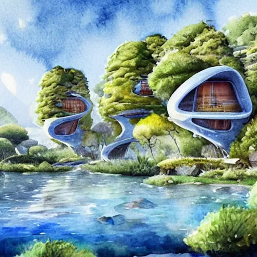 Image similar to beautiful happy picturesque charming sci - fi organic pod - like homes of the future consisting of modules in a beautiful natural scene. water, trees and rocks. beautiful light. soft colour scheme. beautiful artistic detailed watercolor by lurid. ( 2 0 2 2 )