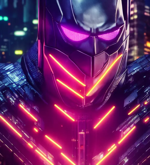 Image similar to close - up character concept of cyberpunk batman!!!! intricate technology on batman's suit, wires and led lights | | blurry gotham city at night in the background, neon lights | | cinematic rim lighting, global illumination, fine details by stanley artgerm lau, trending on artstation, octane render, dreamy, masterpiece