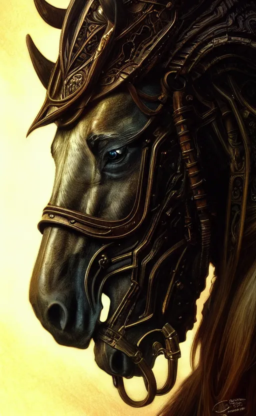 Image similar to horse art by giger, deep focus, d & d, dark fantasy, intricate glow accents, elegant, highly detailed, digital painting, artstation, concept art, matte, sharp focus, 8 k 3 d, hearthstone, art by artgerm and greg rutkowski and alphonse mucha