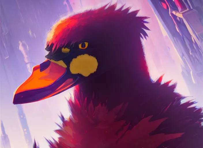 Prompt: cute fluffy mallard duck with vampire fangs wearing red cultist robe, details, cyberpunk, epic, sacrificial altar, landscape illustration concept art anime key visual trending pixiv fanbox by wlop and greg rutkowski and makoto shinkai and studio ghibli and kyoto animation symmetrical facial features