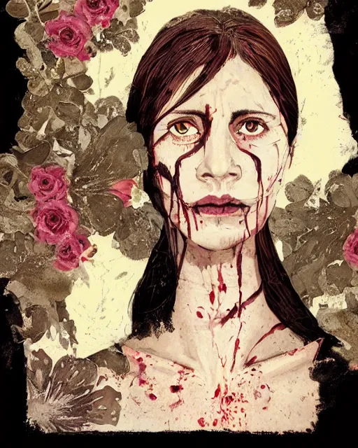 Prompt: a pulp illustration of a beautiful but serious woman in layers of fear, with haunted eyes and dark hair piled on her head, 1 9 7 0 s, seventies, floral wallpaper, wilted flowers, a little blood, morning light showing injuries, delicate ex embellishments, painterly, offset printing technique