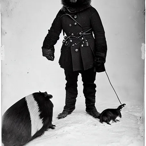 Prompt: a guinea pig dressed as a polar explorer, 1 8 0 0 s photograph