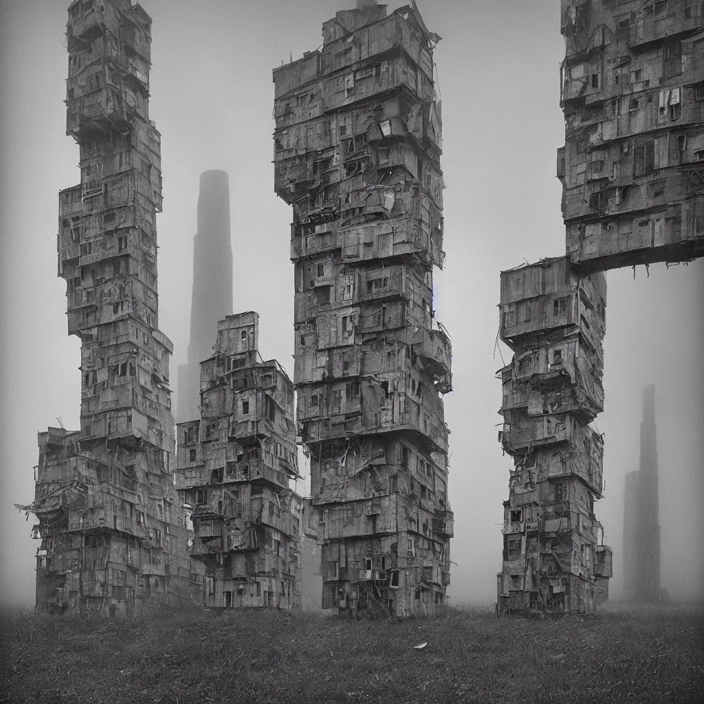 Image similar to two giant towers, made up of makeshift squatter shacks, misty, dystopia, mamiya rb 6 7, fully frontal view, very detailed, photographed by tarkovsky