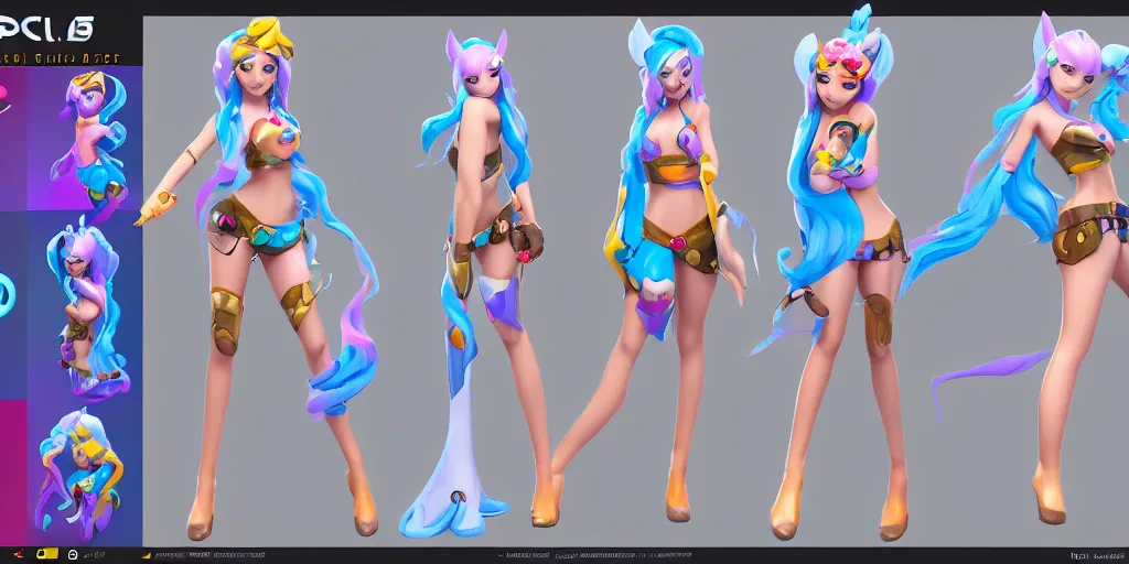 Prompt: Character sheet of pool party sona (League of Legends). 3d unreal engine 5 trending on artstation