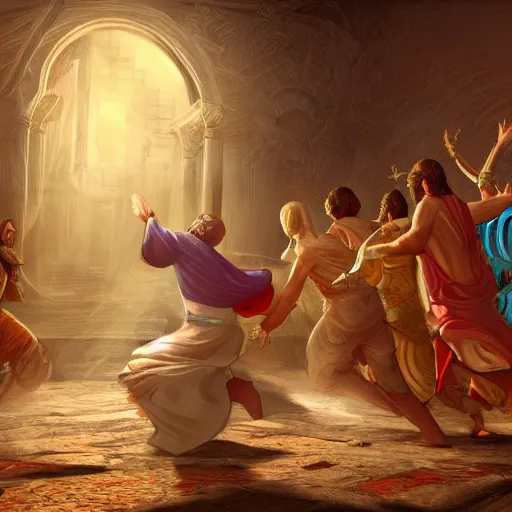 Prompt: a detailed picture of jesus chasing away the merchants in the temple, thrown tables, scattered gold coins, fleeing merchants, fantasy, intricate, elegant, highly detailed, digital painting, artstation, matte, sharp focus, illustration, vaporwave style