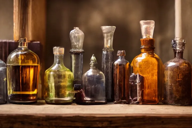 Prompt: five separate glowing potions on a wooden shelf, 1 2 century photograph captured in an office